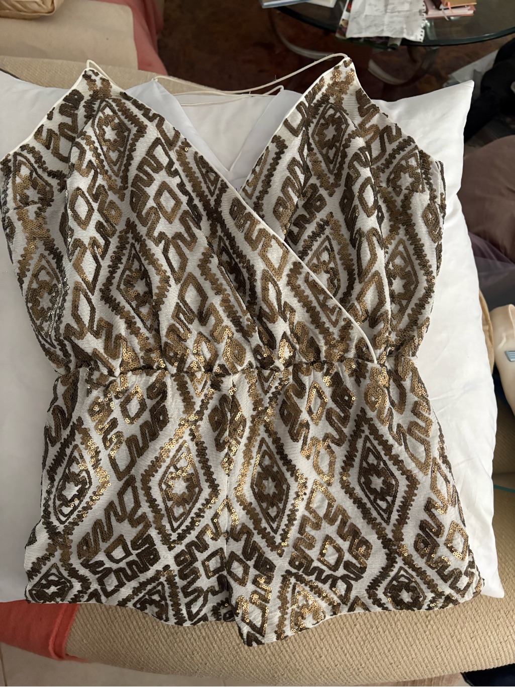 Nwt White And Bronze Sequin Short Jumpsuit Size S